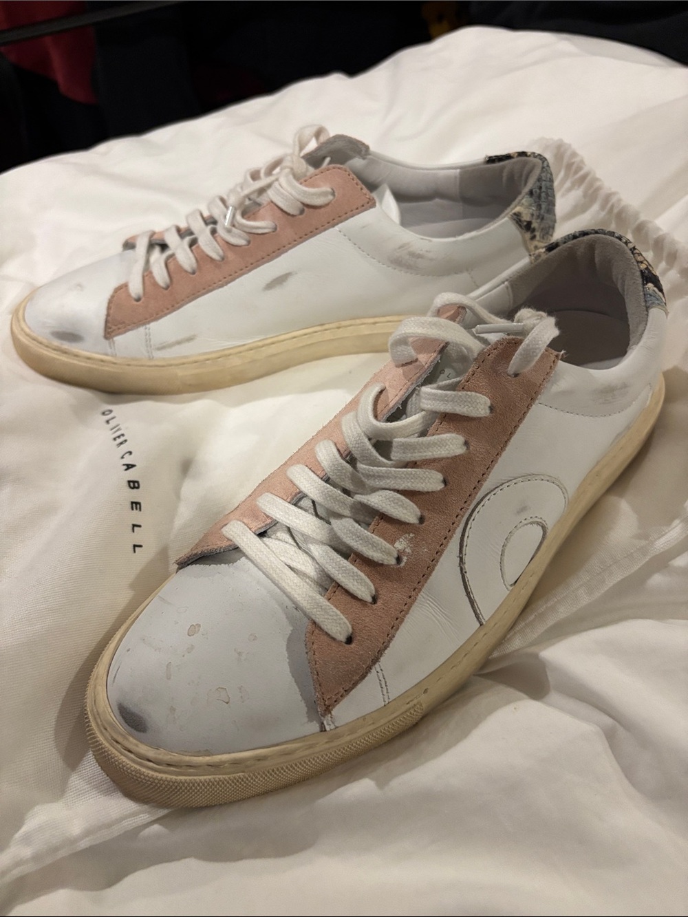 Oliver Cabell White Leather Sneakers with Pink and Multicolor Snake-Print Heel